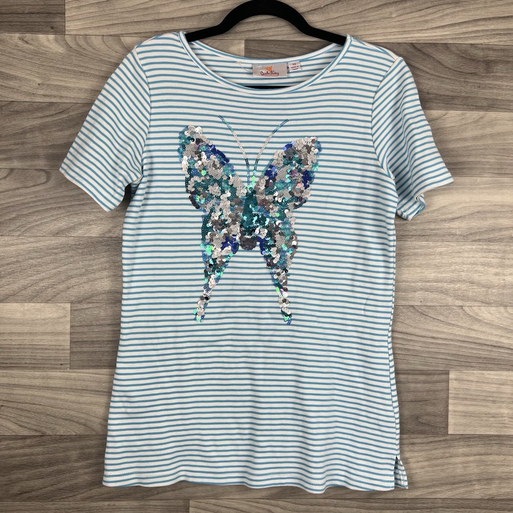 Quacker Factory‎  Shirt Top Tee Womens XS Blue Striped Sequin Butterfly Beachy